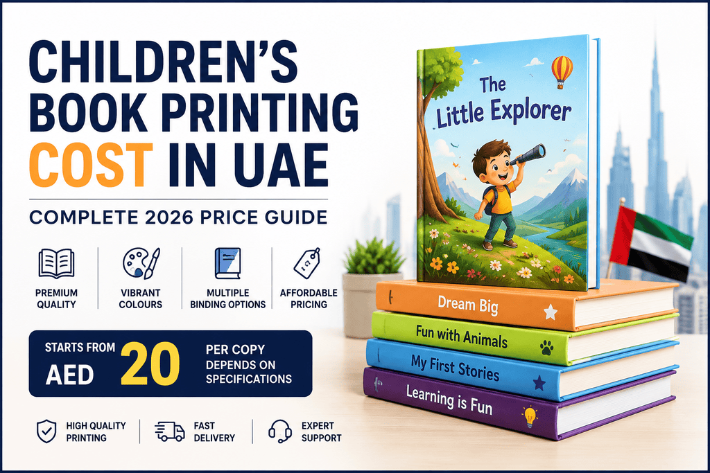 Children's book printing cost in UAE – 2026 price guide with colourful children's books and printing options.